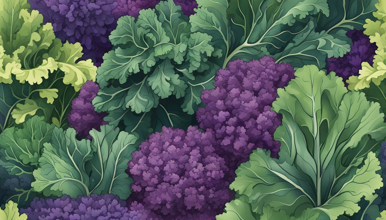 A vibrant assortment of kale leaves, rich in deep green and purple hues, arranged in a bountiful display