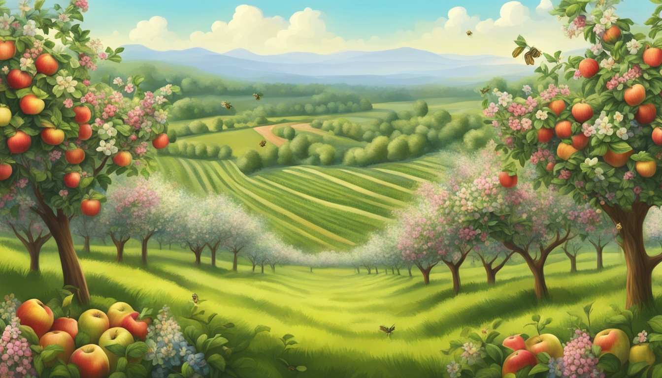 A lush apple orchard with trees heavy with ripe, red apples, surrounded by blooming wildflowers and buzzing bees