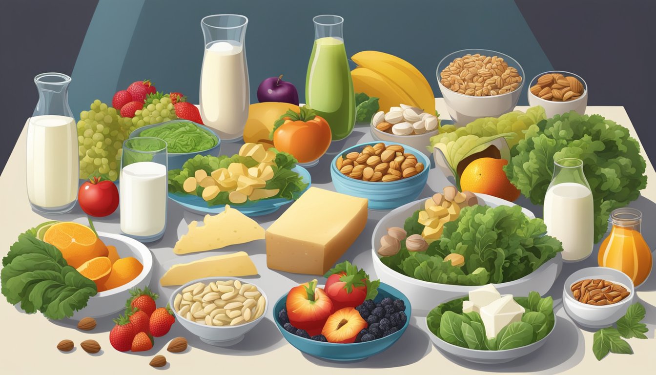 A table filled with dairy products, leafy greens, nuts, and fish, surrounded by a backdrop of vibrant fruits and vegetables