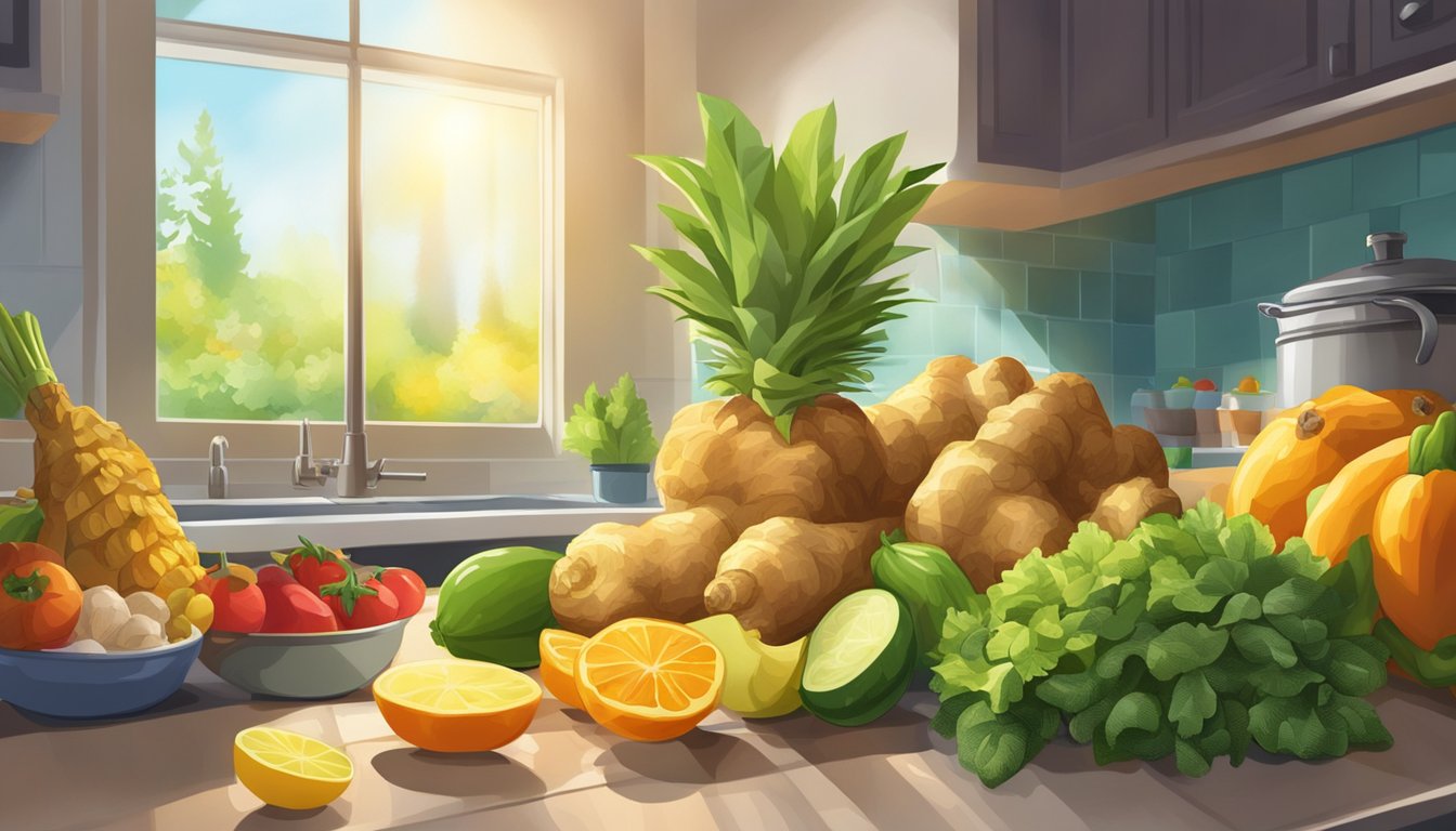 A vibrant illustration of fresh ginger root surrounded by colorful fruits and vegetables, with rays of sunlight streaming through a kitchen window