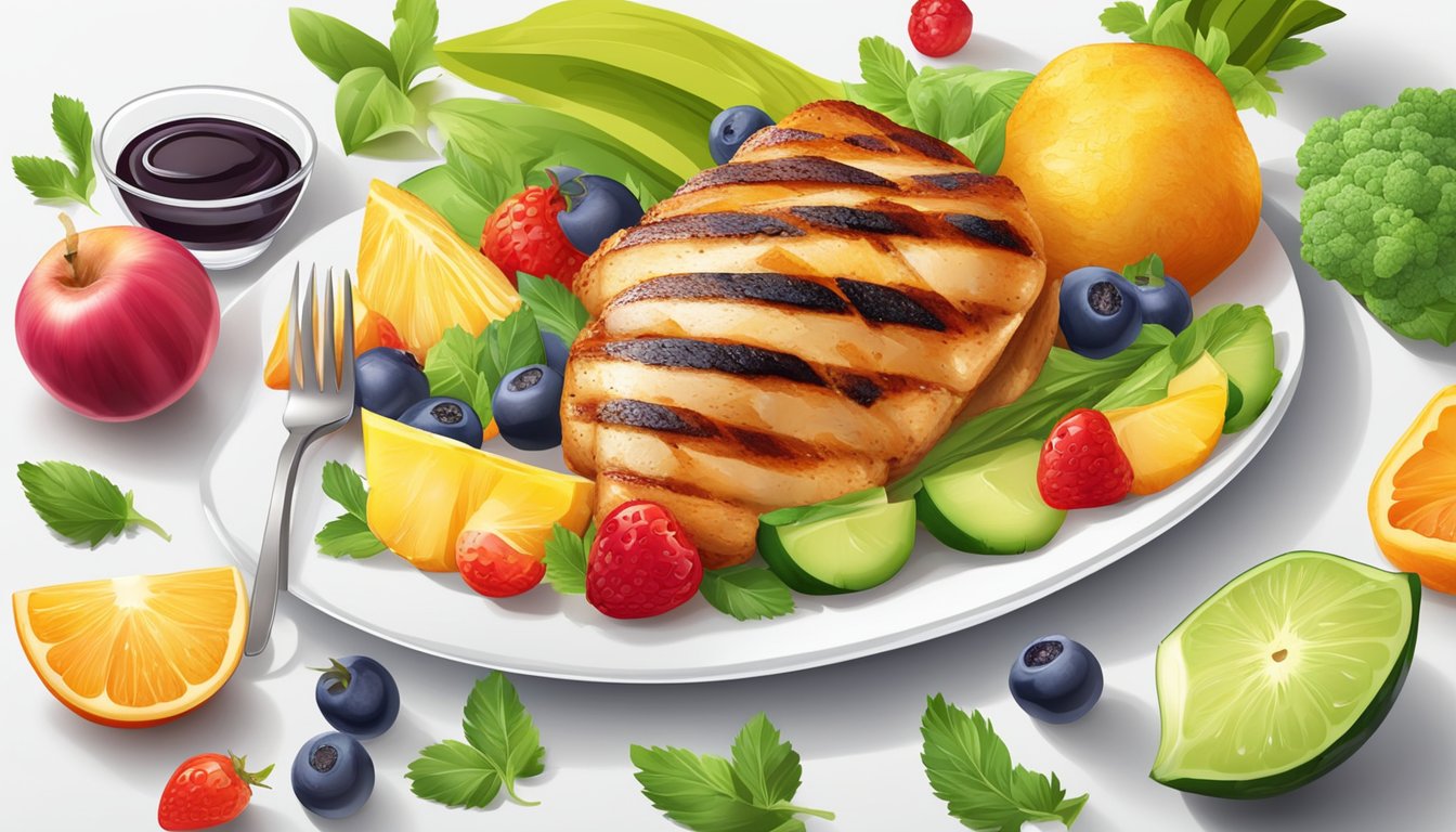 A juicy grilled chicken breast surrounded by colorful fruits and vegetables on a clean, white plate