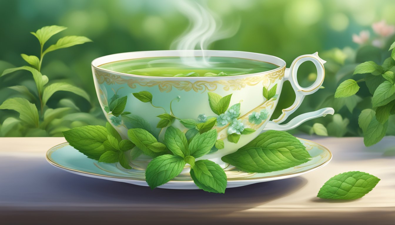 A serene teacup surrounded by fresh green tea leaves and a sprig of mint, set against a backdrop of a peaceful garden