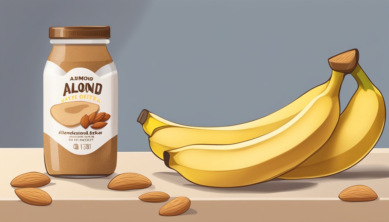 A slice of whole grain toast topped with almond butter, surrounded by a scattering of almonds and a banana, with a water bottle nearby