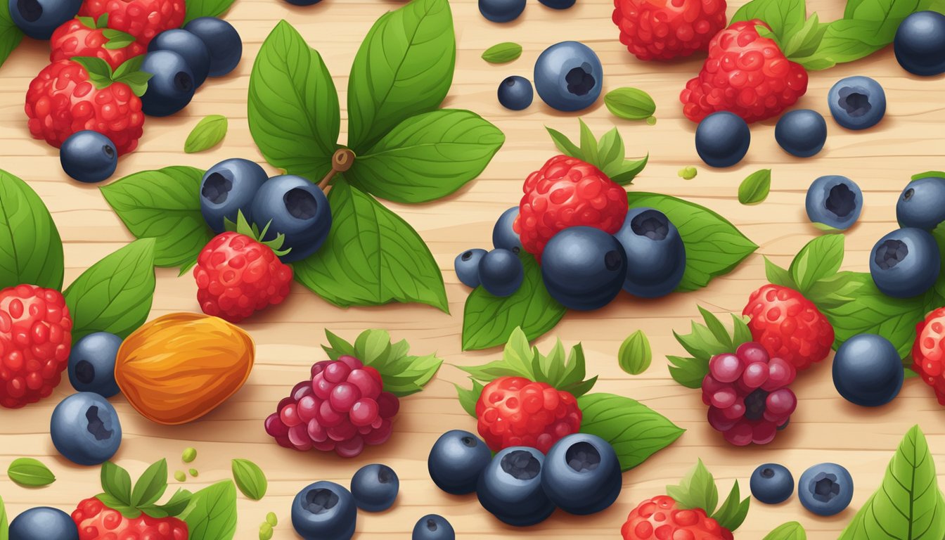 A colorful assortment of berries arranged on a wooden cutting board, surrounded by vibrant green leaves and a few scattered seeds