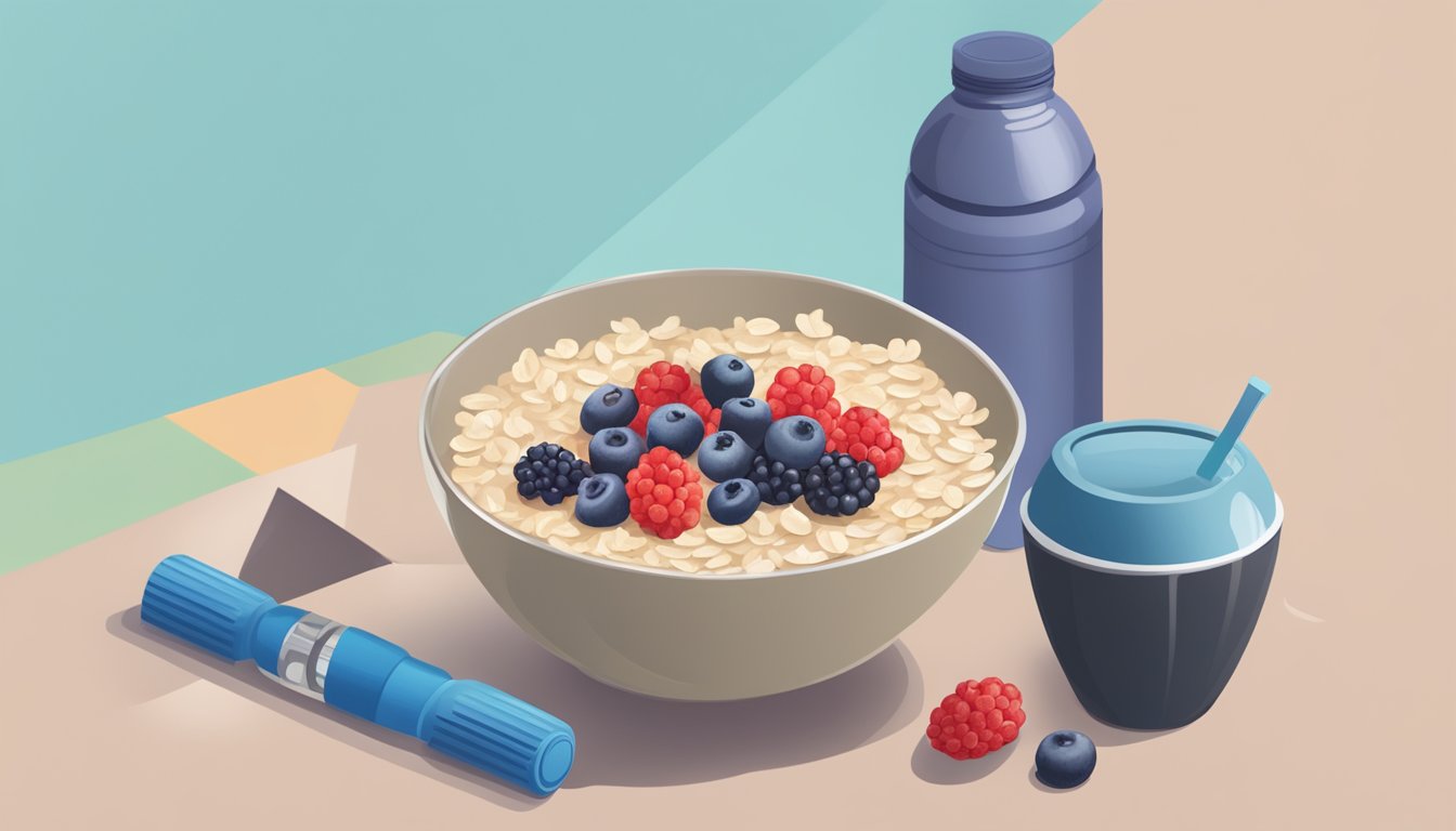 A bowl of oatmeal topped with fresh berries, surrounded by workout gear and a water bottle