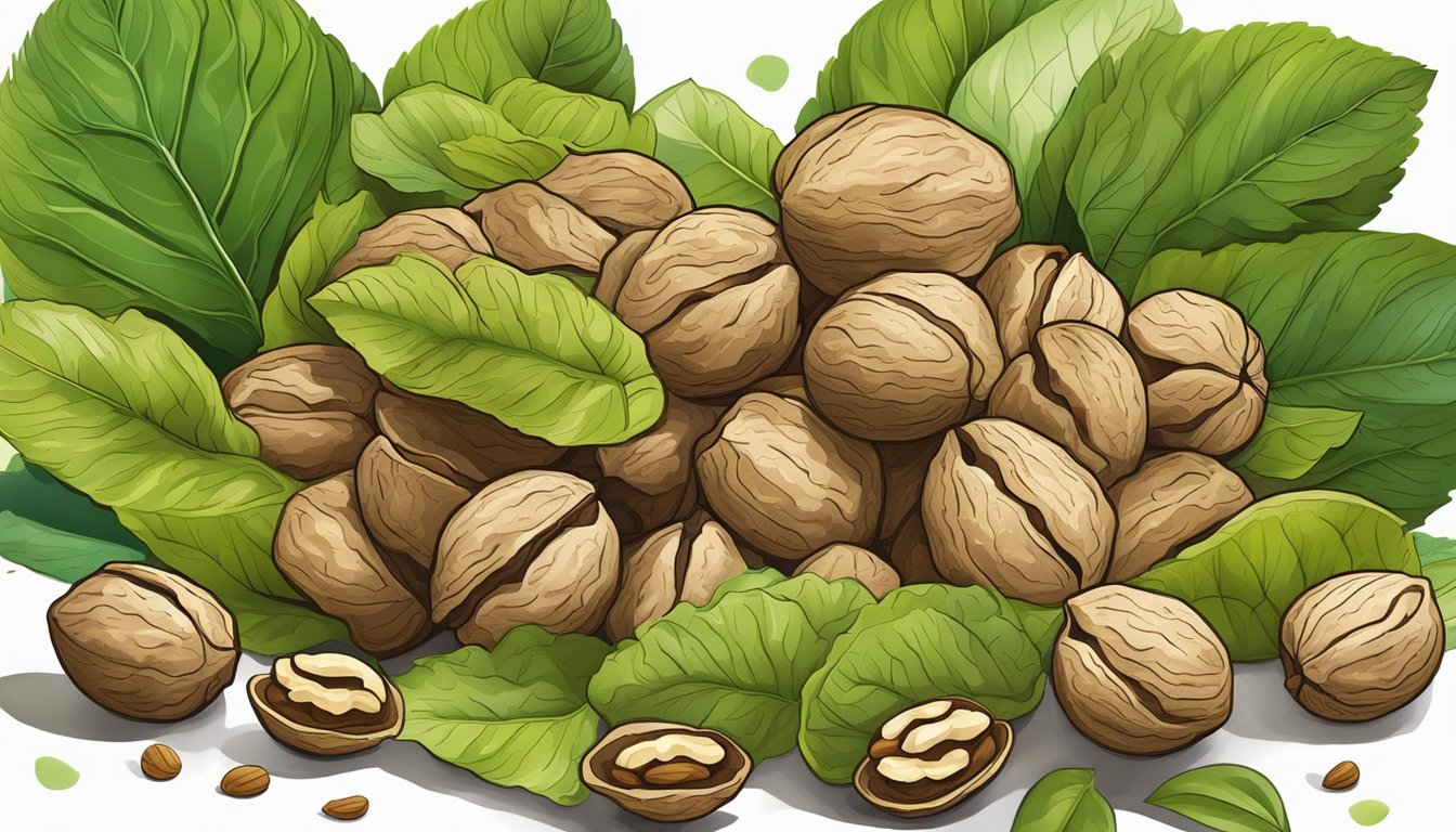 A pile of walnuts surrounded by vibrant green leaves and a few cracked shells, symbolizing support for joint mobility and flexibility