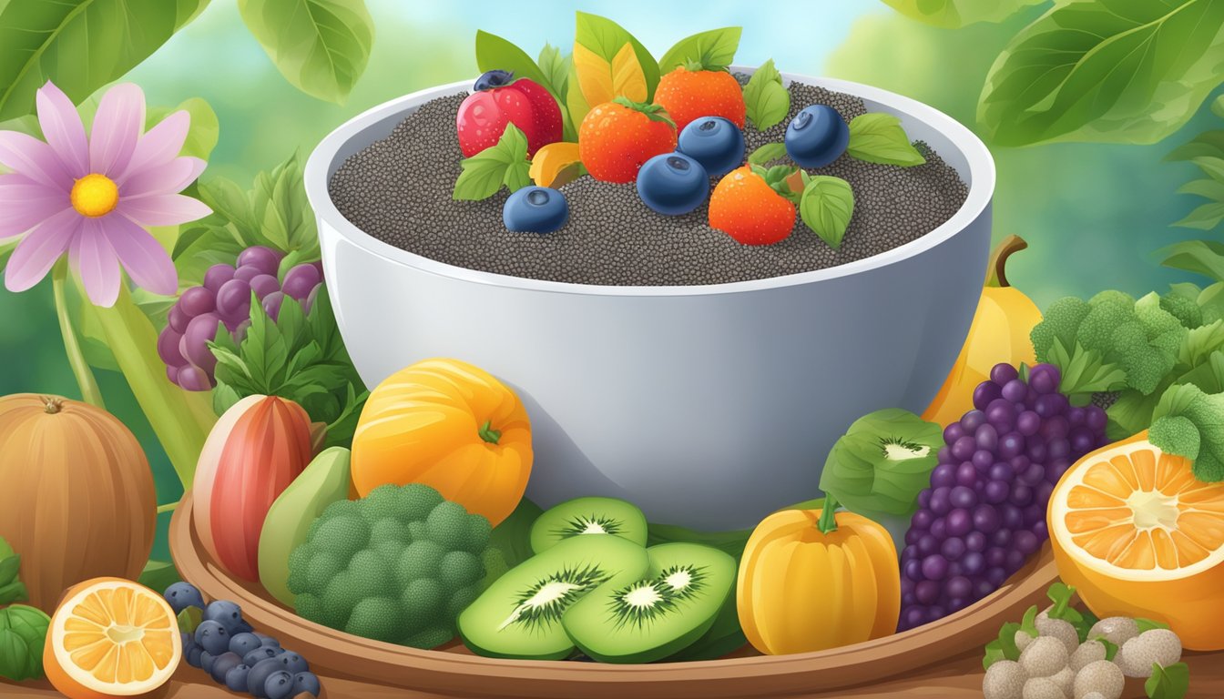 A bowl of chia seeds surrounded by colorful fruits and vegetables, with a backdrop of a serene and lush garden setting