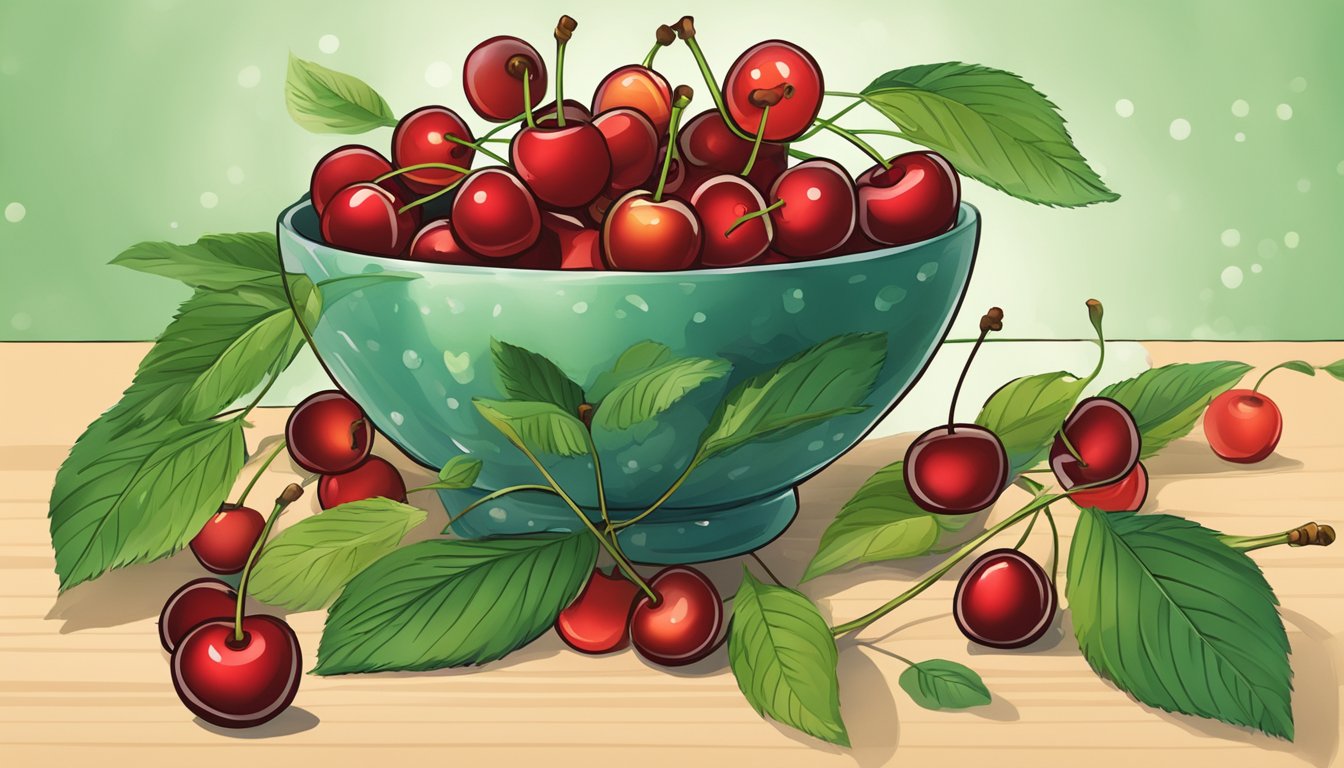 A bowl of cherries surrounded by green leaves and a few scattered stems