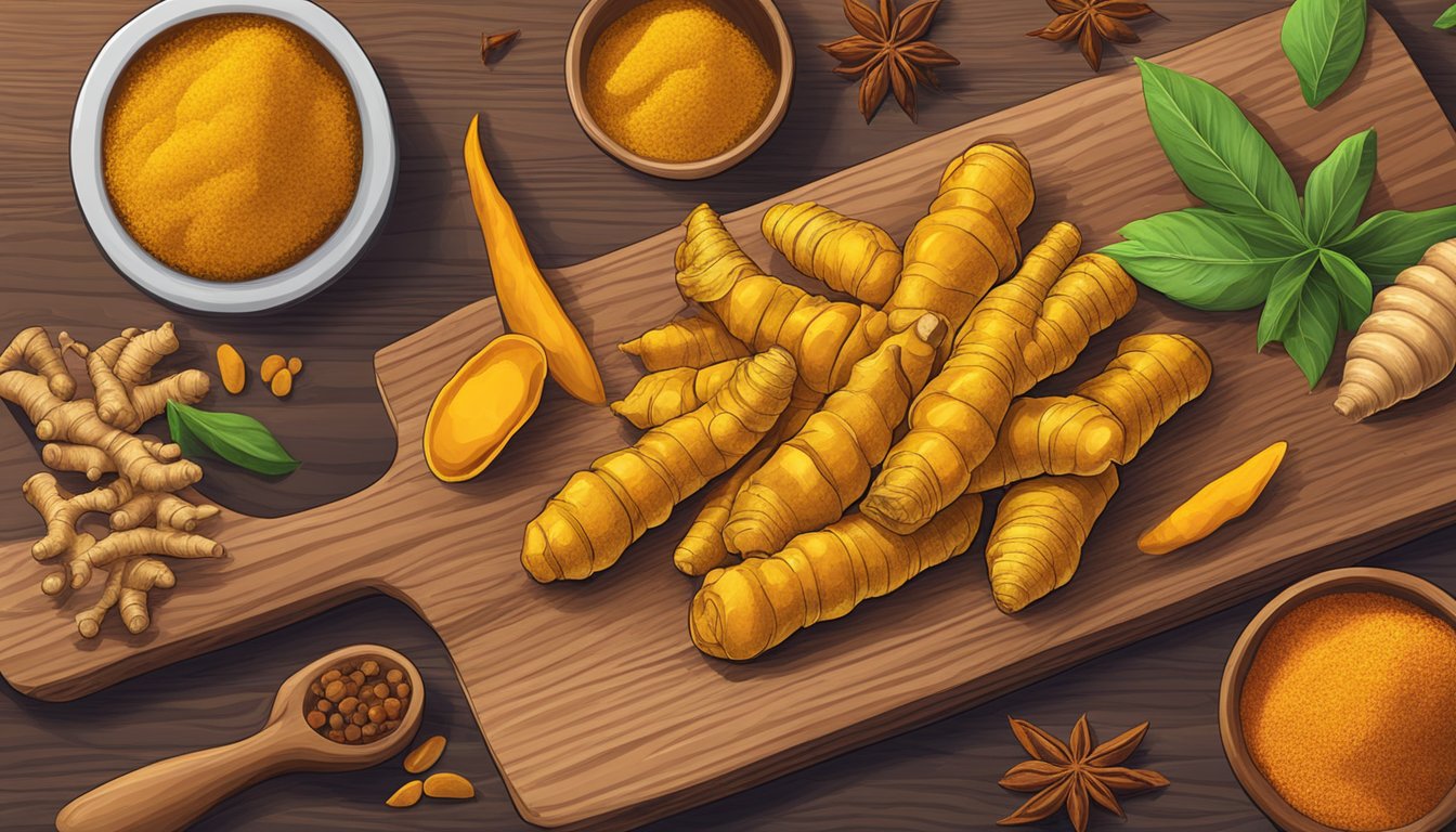 A vibrant pile of turmeric root, ginger, and colorful spices on a wooden cutting board