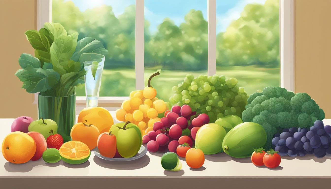 A variety of colorful fruits and vegetables arranged on a table, with a glass of water placed next to them, all bathed in natural sunlight