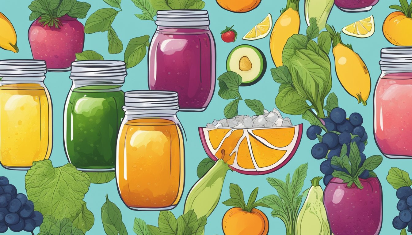 A glass jar of kombucha surrounded by colorful fruits and vegetables, with a background of lush greenery and a clear blue sky