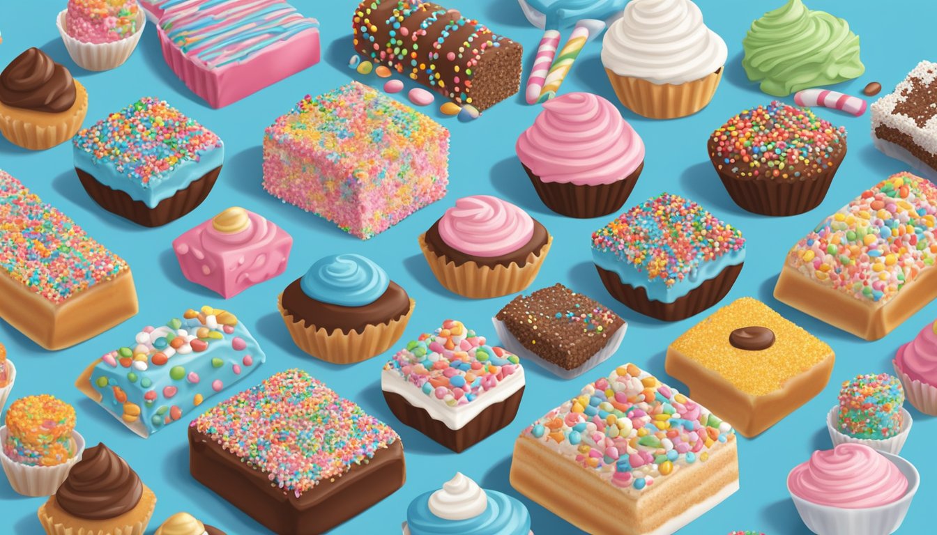 A colorful array of Little Debbie snack cakes arranged on a table, surrounded by an assortment of sprinkles, frosting, and other decorative toppings