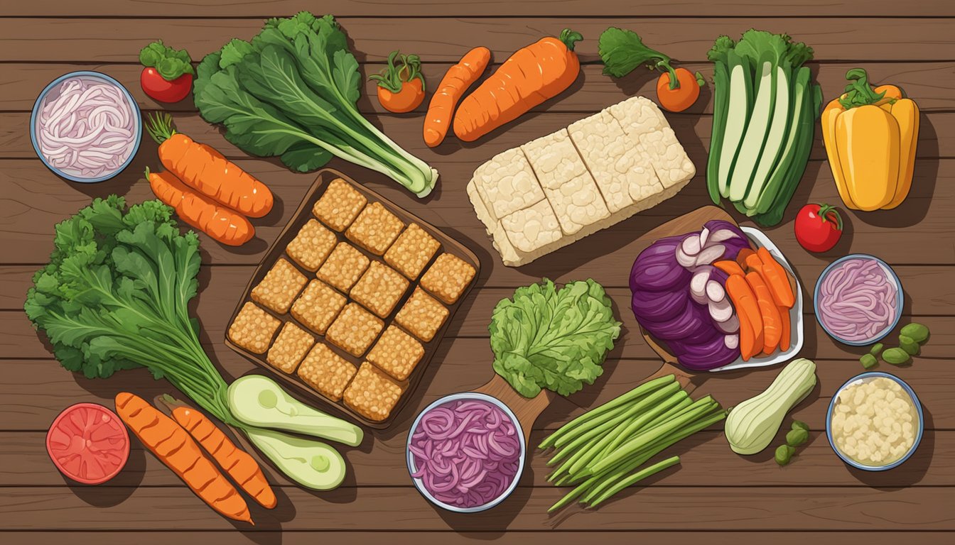 A colorful array of tempeh, kimchi, and sauerkraut on a wooden table, surrounded by vibrant vegetables and herbs