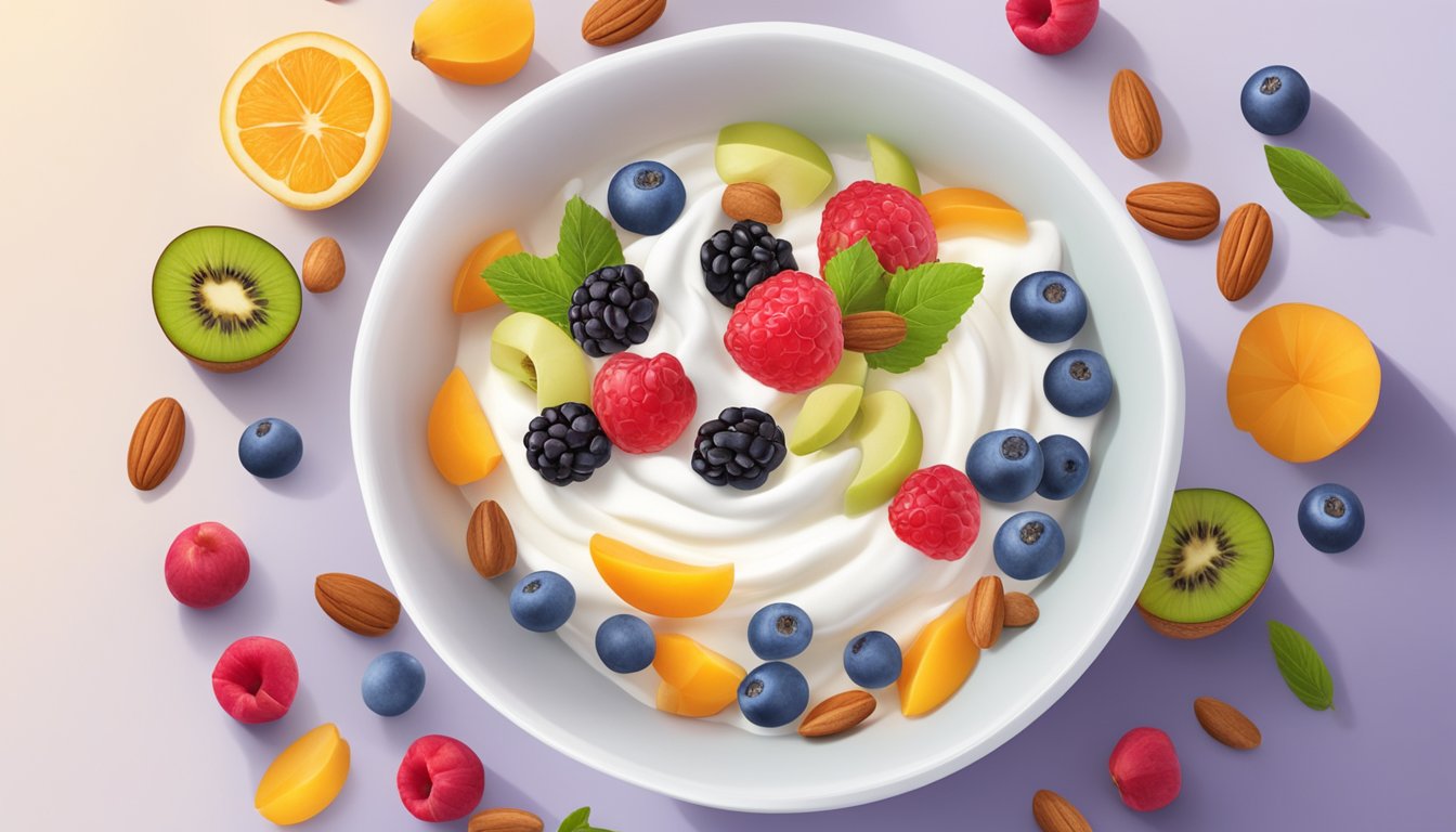 A bowl of Greek yogurt surrounded by colorful fruits and nuts, with a background of swirling probiotic bacteria