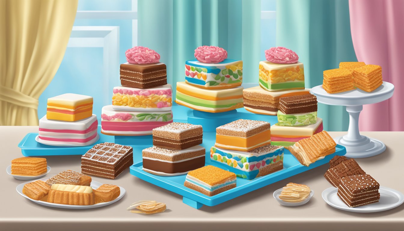 A colorful display of Little Debbie snack cakes arranged on a tiered serving tray with decorative garnishes