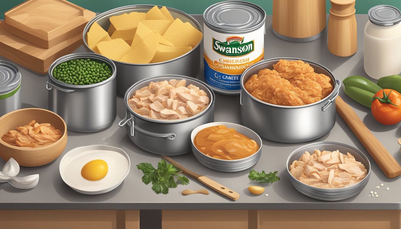 A kitchen counter with open cans of Swanson canned chicken, surrounded by various ingredients and cooking utensils for easy meal preparation