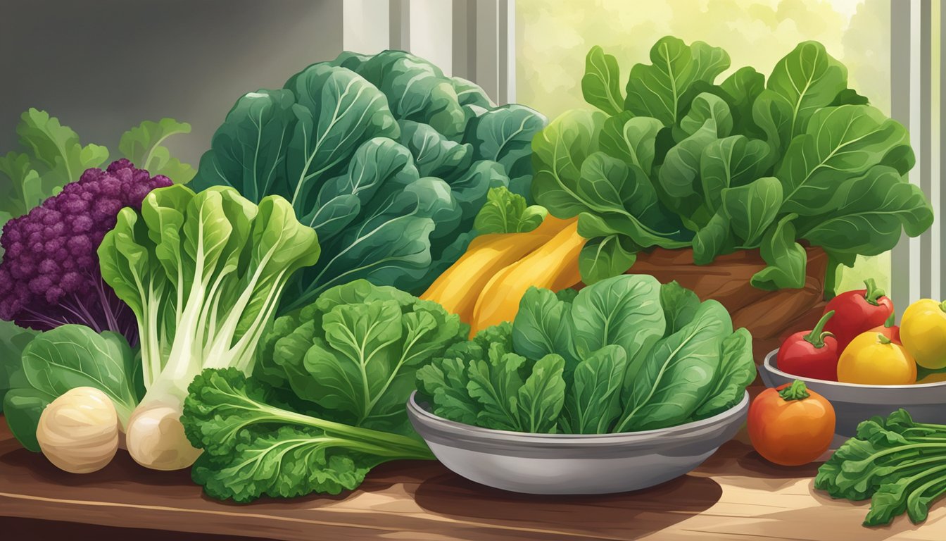 A variety of leafy greens arranged in a colorful display, including spinach, kale, and Swiss chard, with a soft, natural light illuminating the scene