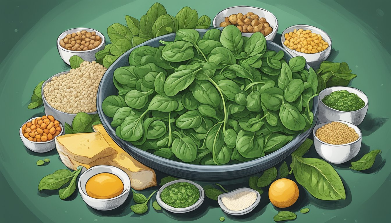 A bowl of fresh spinach surrounded by testosterone-boosting foods