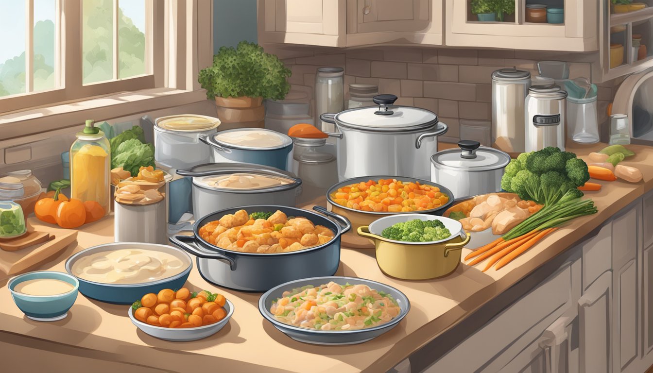 A cozy kitchen with a bubbling casserole dish surrounded by ingredients like canned chicken, vegetables, and creamy sauce