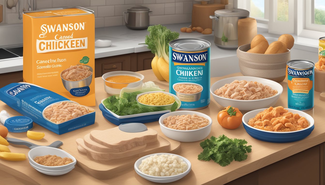 A kitchen counter with open cans of Swanson canned chicken, surrounded by various ingredients and a cookbook, with a nutrition label and dietary guidelines visible