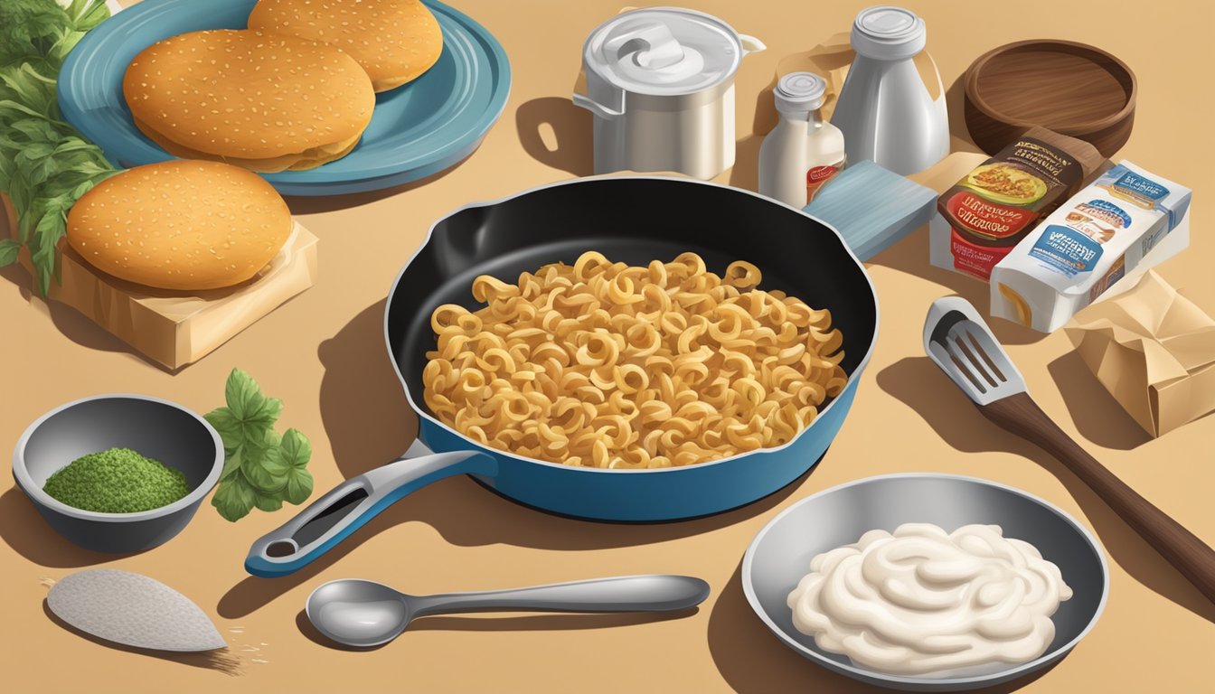 A kitchen counter with various ingredients and a box of Hamburger Helper, alongside a skillet and wooden spoon