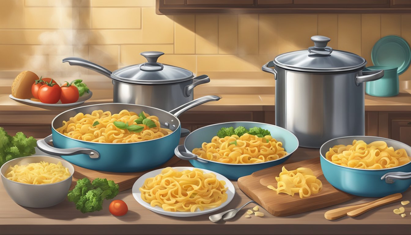 A cozy kitchen with pots and pans, a box of Hamburger Helper, fresh ingredients, and a steaming pot of homemade pasta dish