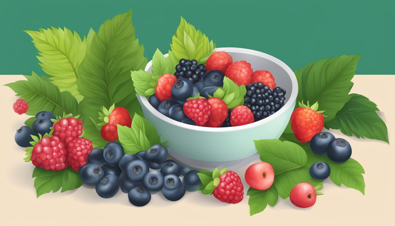 A bowl of assorted berries surrounded by green leaves and a measuring tape, symbolizing natural blood pressure reduction