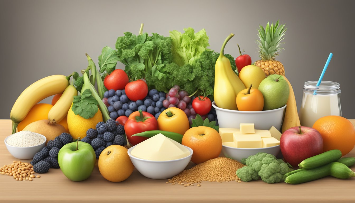 A colorful array of fresh fruits, vegetables, dairy products, and whole grains arranged on a table, with a measuring tape and growth chart in the background