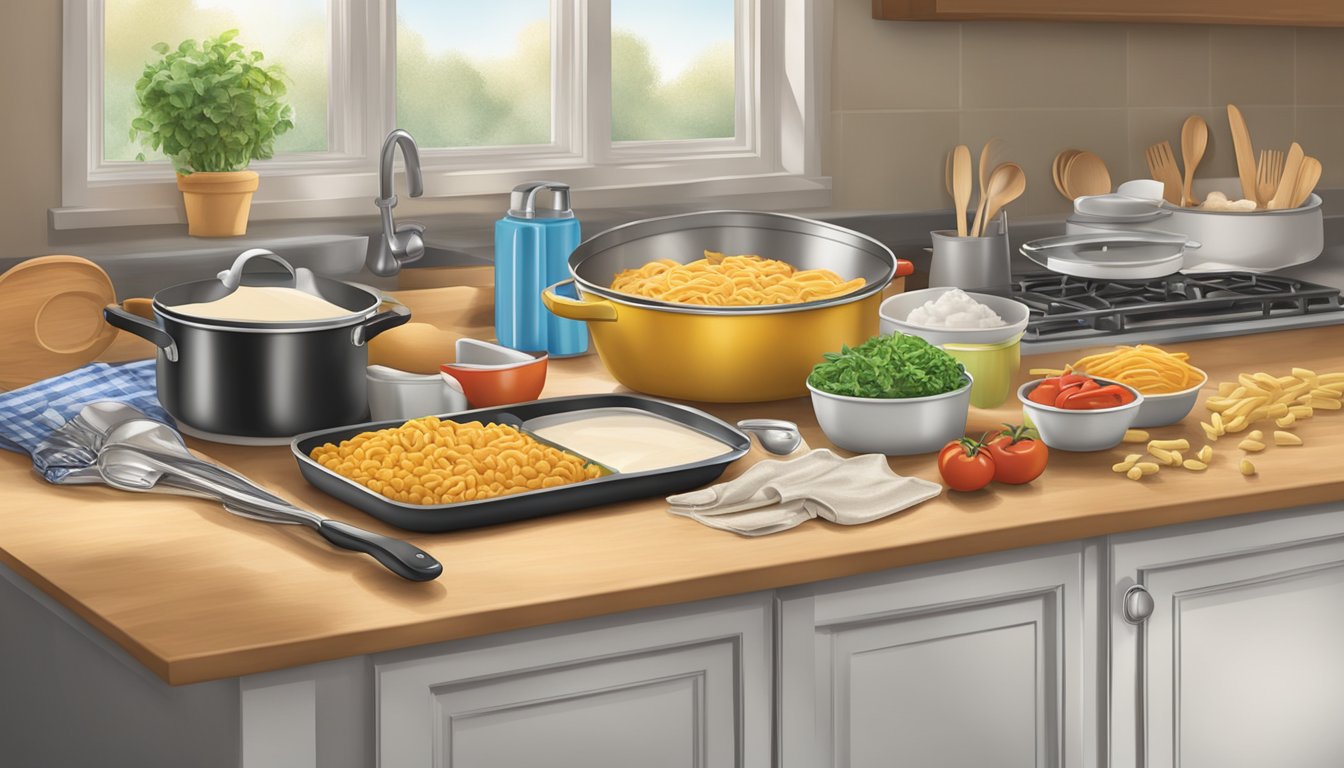 A kitchen counter with pots, pans, and utensils, alongside a box of Hamburger Helper and ingredients