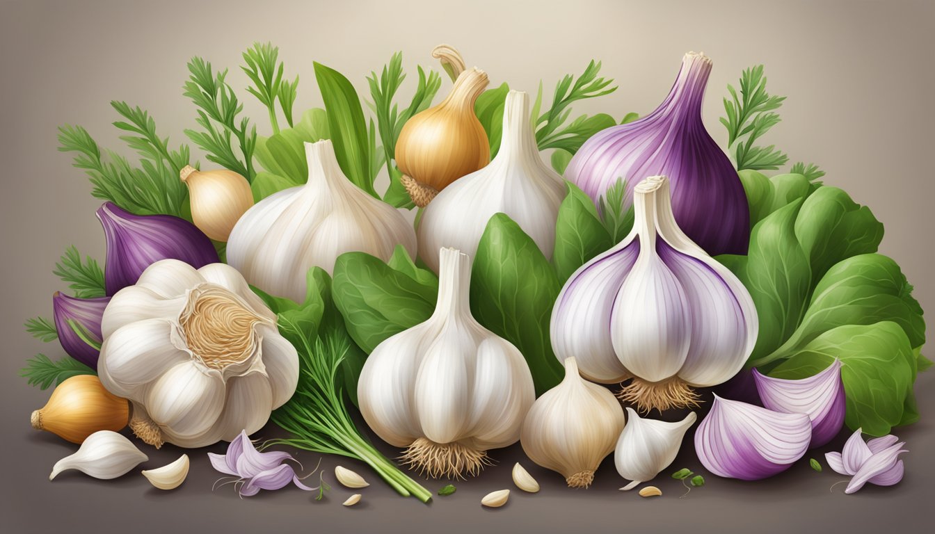 A bountiful display of fresh garlic bulbs, surrounded by vibrant green herbs and colorful vegetables, evoking a sense of health and wellness