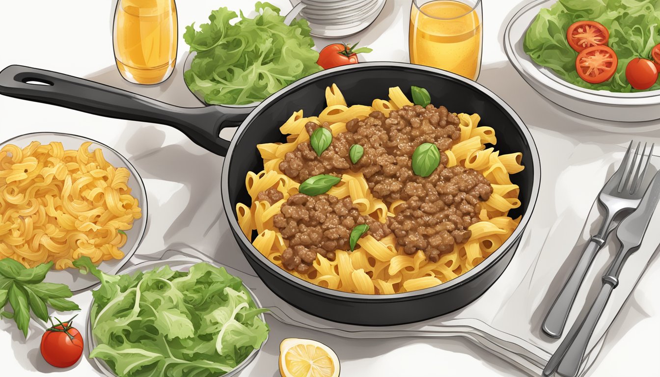 A steaming skillet of cheesy pasta and ground beef with a side of fresh salad