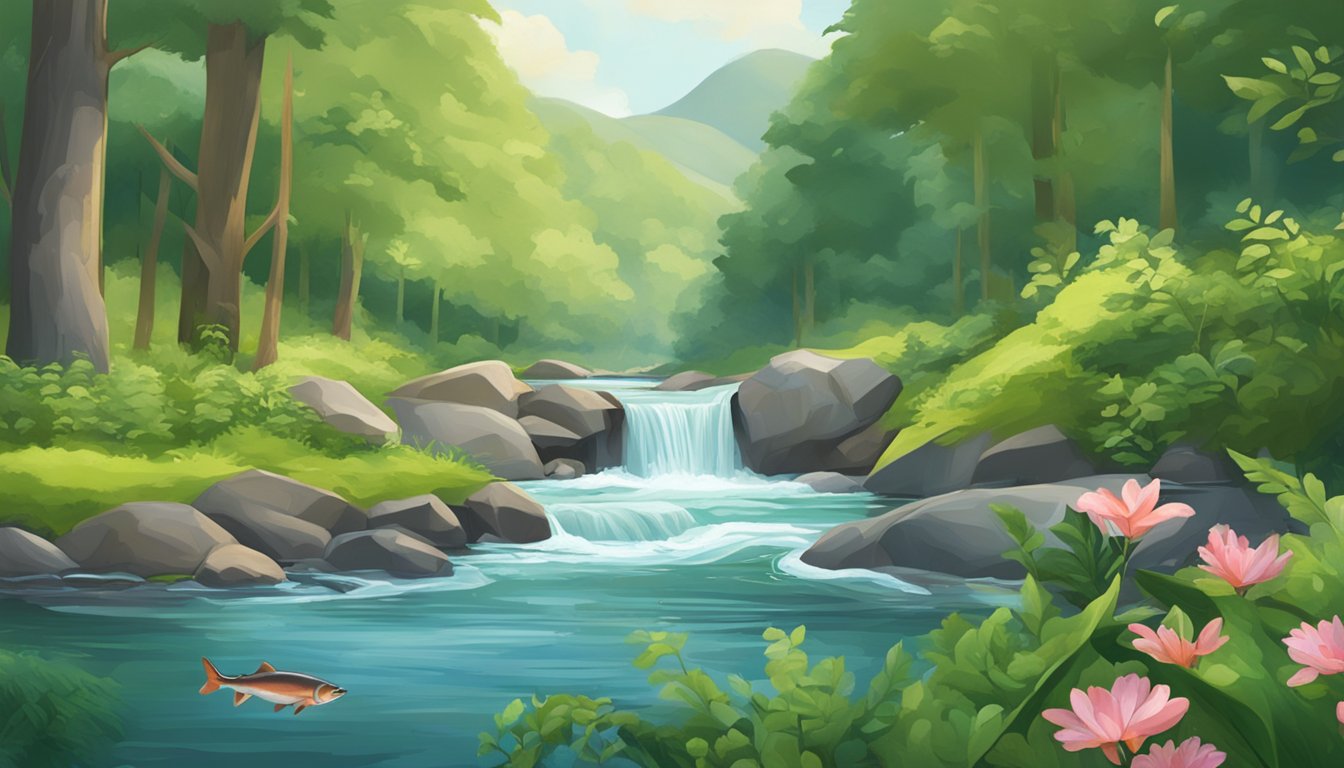 A serene river with leaping salmon surrounded by lush greenery