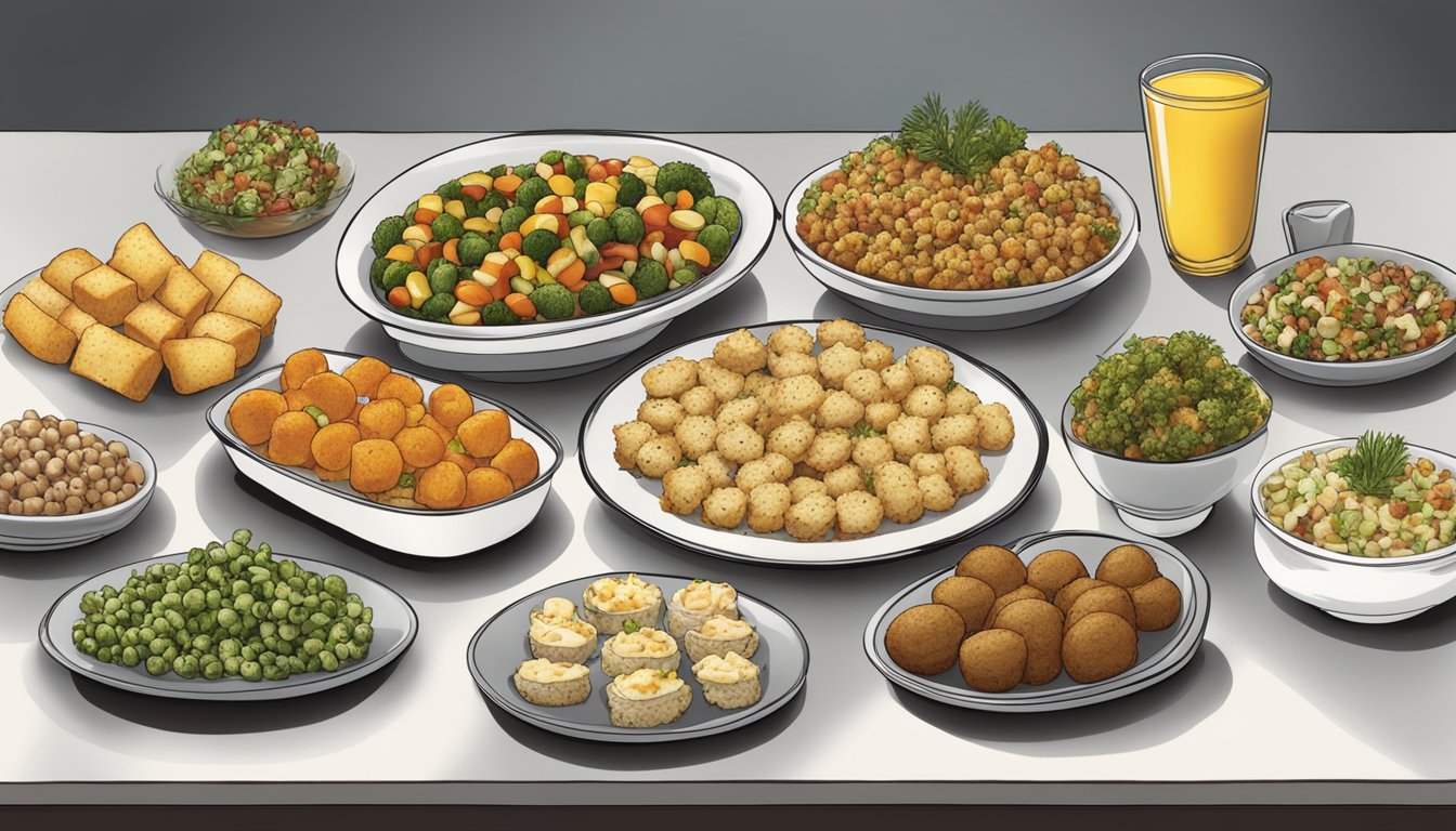 A table spread with a variety of savory bites and appetizers made with stove top stuffing mix