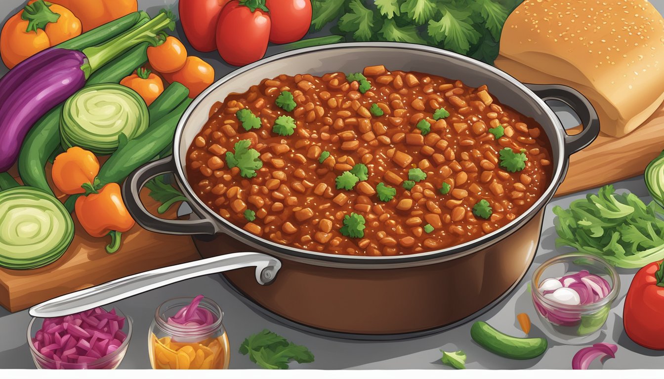 A pot of simmering Manwich Sloppy Joe Sauce surrounded by colorful diced vegetables and a spoon for stirring