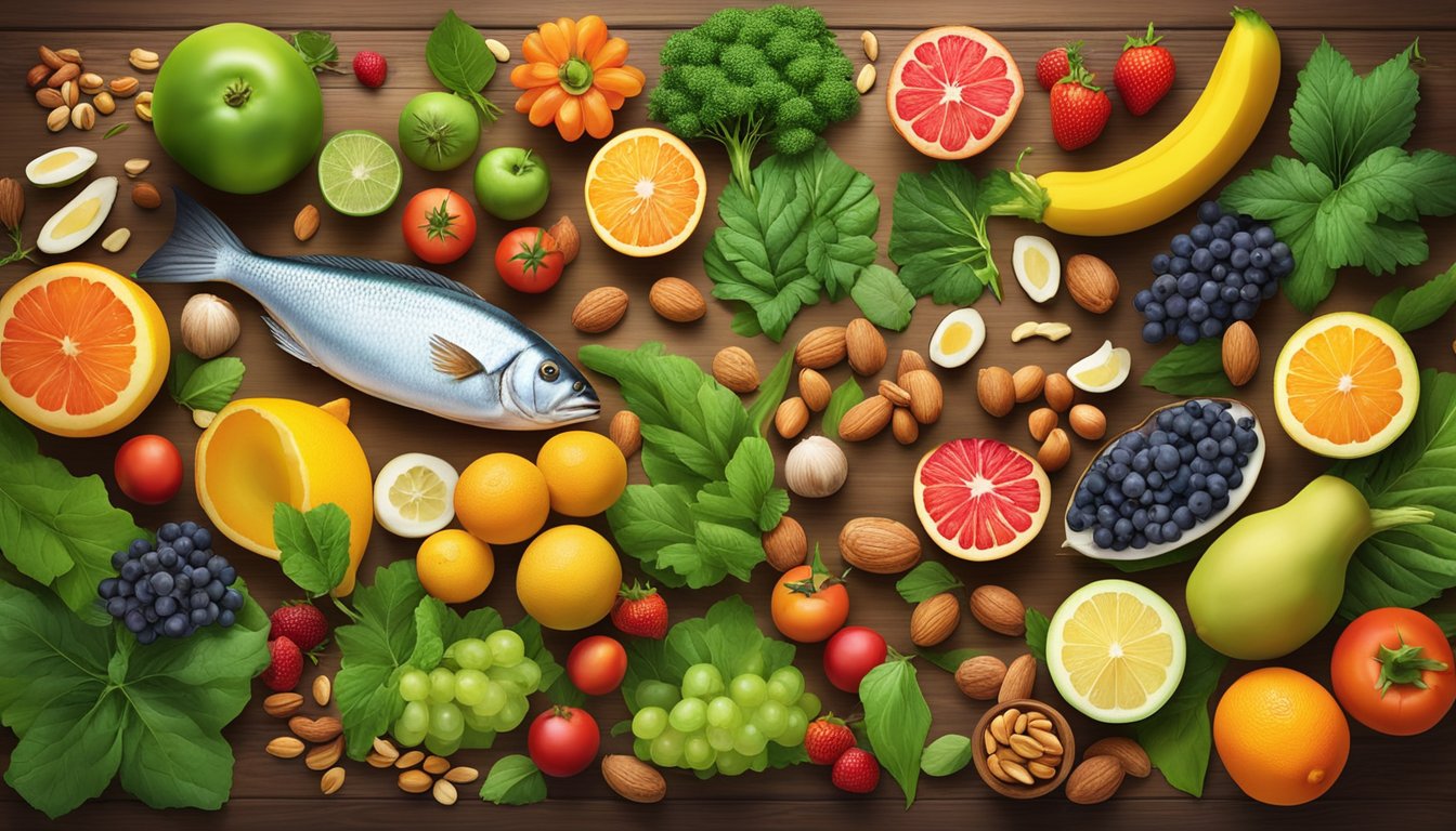 A colorful spread of fruits, vegetables, nuts, and fish arranged on a wooden table, surrounded by vibrant green leaves and depicted with a sense of freshness and vitality