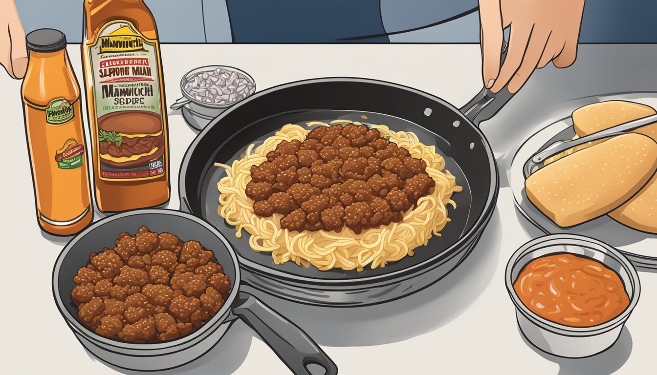 A pan sizzling with ground meat and onions, while a bottle of Manwich Sloppy Joe sauce is being poured over the mixture