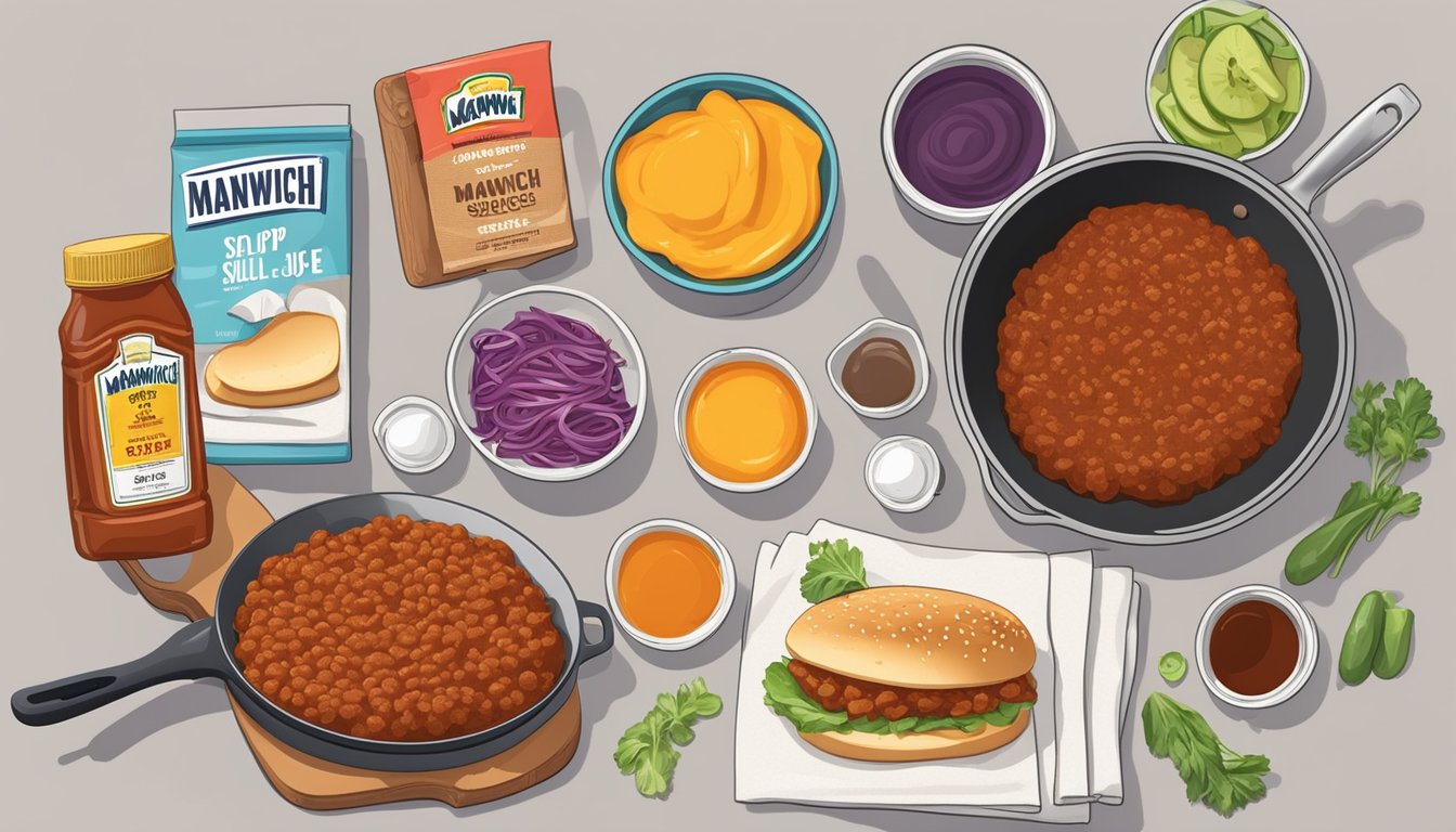 A colorful kitchen counter with various ingredients and a can of Manwich Sloppy Joe sauce, next to a sizzling skillet