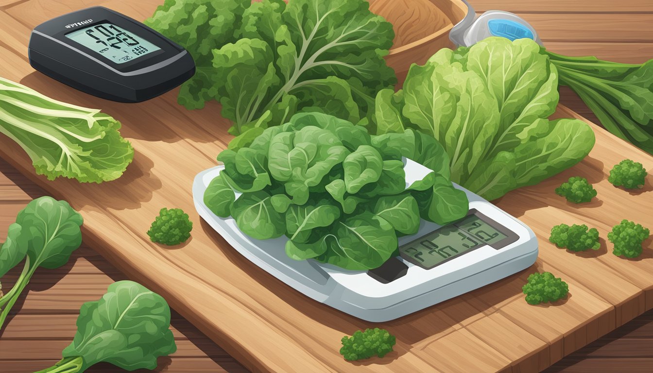 A variety of leafy greens arranged on a wooden cutting board, including spinach, kale, and lettuce. A measuring tape and blood sugar monitor sit nearby