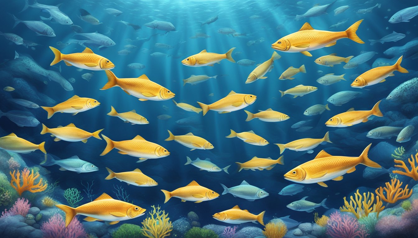 A serene underwater scene with a school of fatty fish swimming peacefully in the deep blue ocean