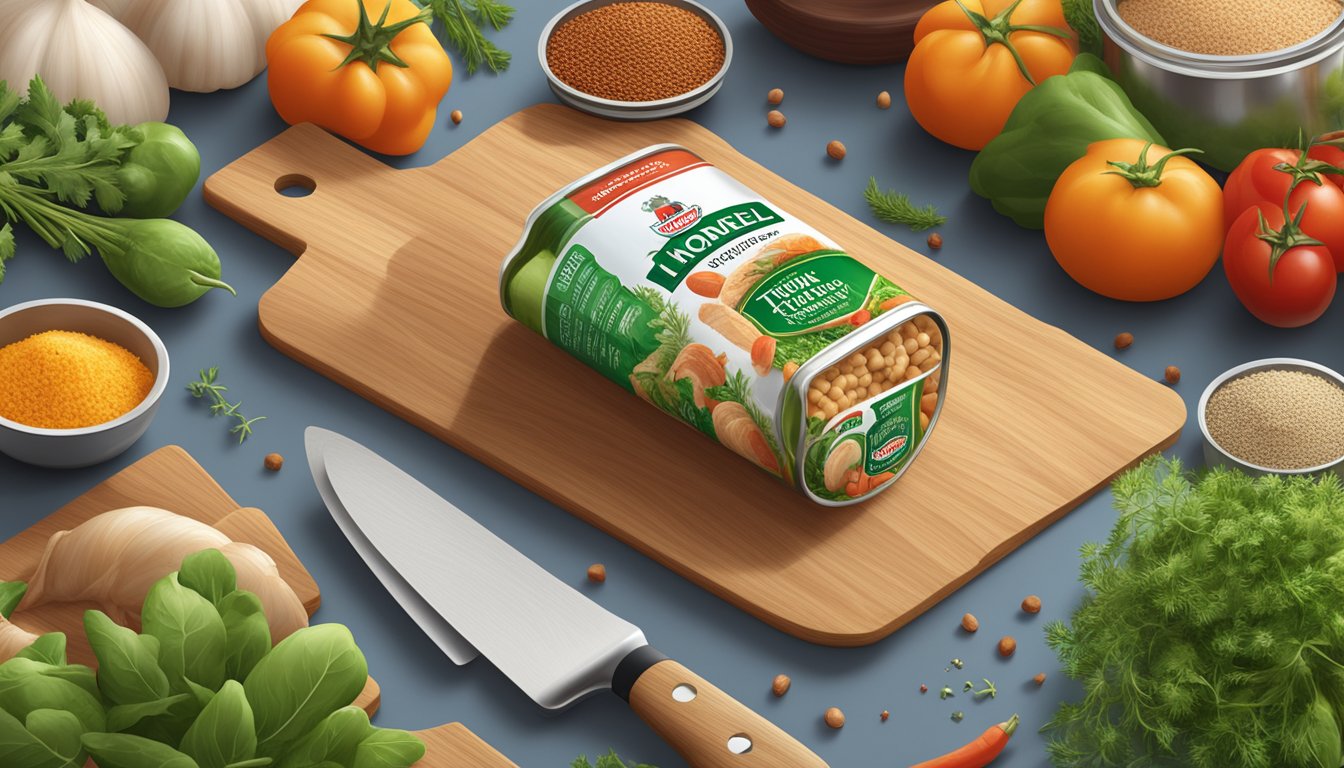 A can of Hormel canned turkey surrounded by fresh herbs, vegetables, and spices on a wooden cutting board