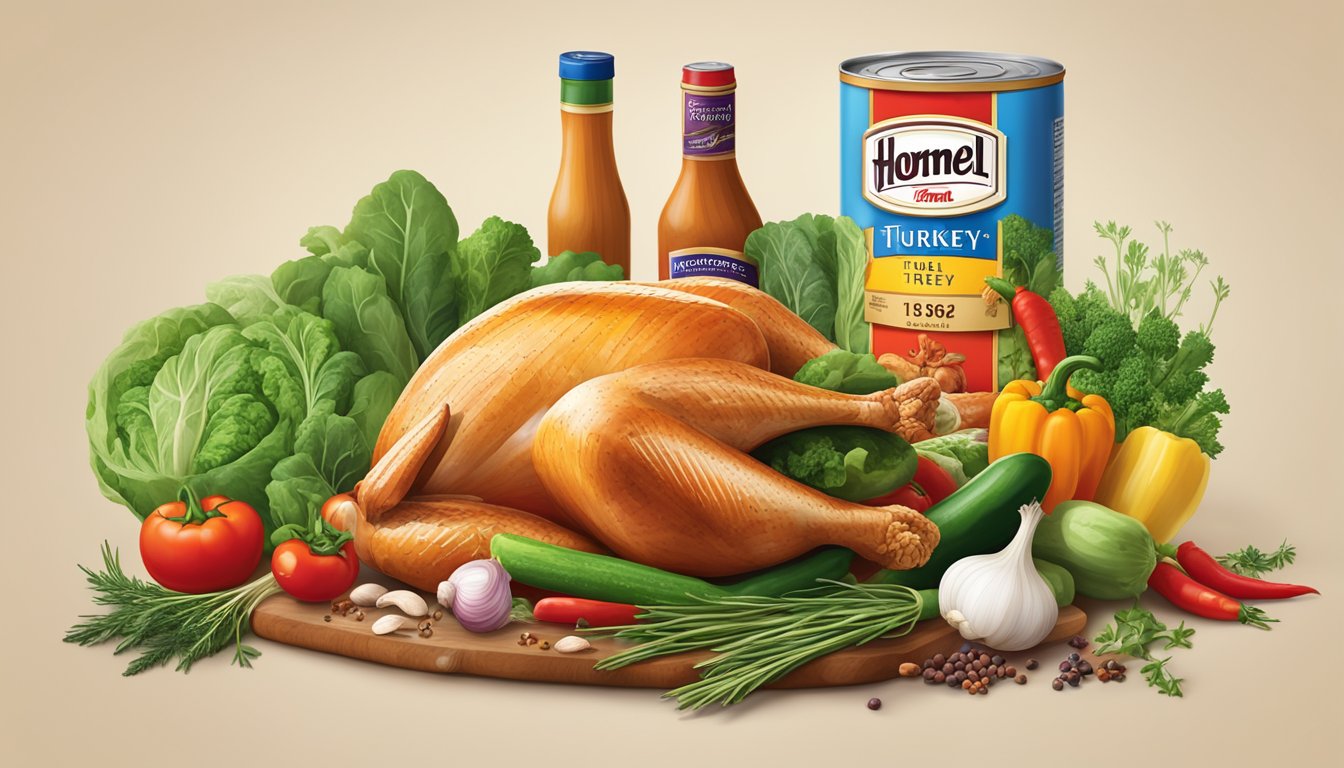 A colorful array of fresh vegetables and herbs surrounding a can of Hormel turkey, with a variety of cooking utensils and spices nearby