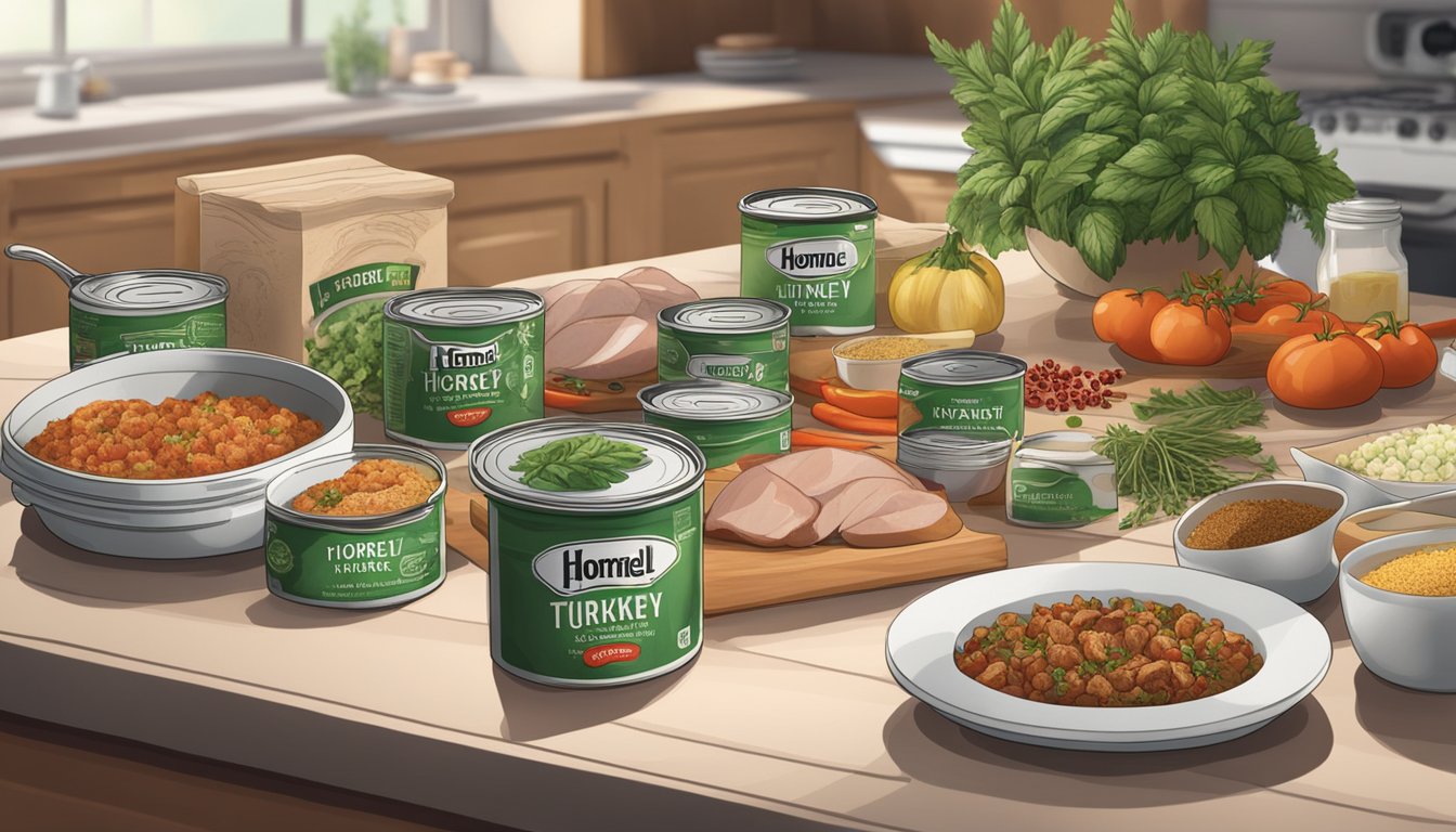 A kitchen counter with open cans of Hormel turkey, surrounded by various herbs and spices. A cookbook lies open, showing different recipe ideas