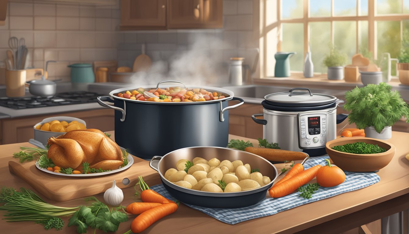 A cozy kitchen with open cans of Hormel turkey, surrounded by ingredients like potatoes, carrots, and herbs. A pot simmers on the stove