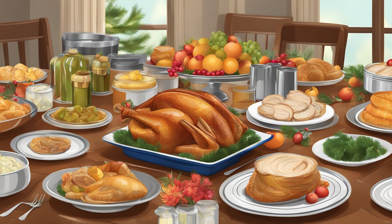 A festive table spread with canned turkey dishes and holiday decorations