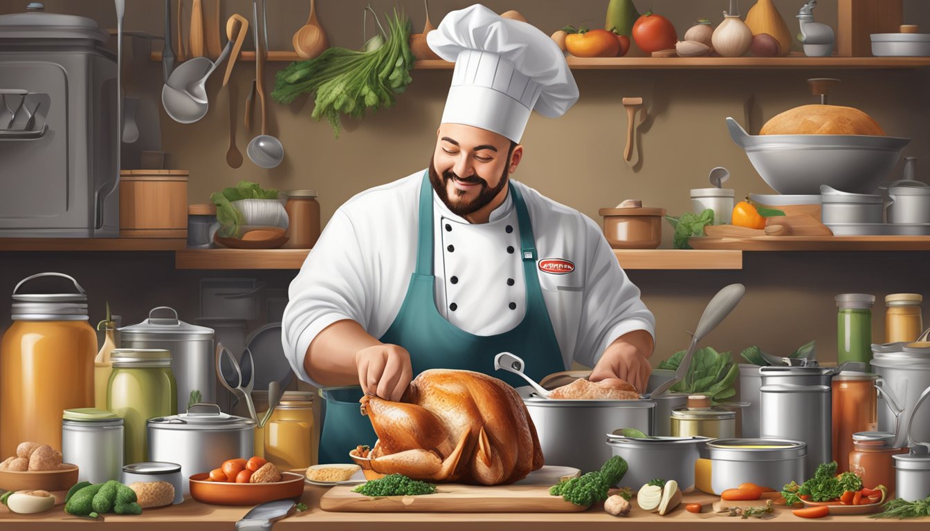 A chef using a can opener to open a can of Hormel turkey, surrounded by various cooking tools and ingredients