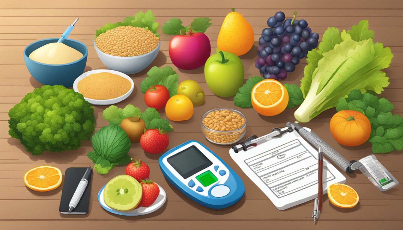 A table filled with colorful fruits, vegetables, whole grains, and lean proteins, with a glucometer and insulin pen nearby