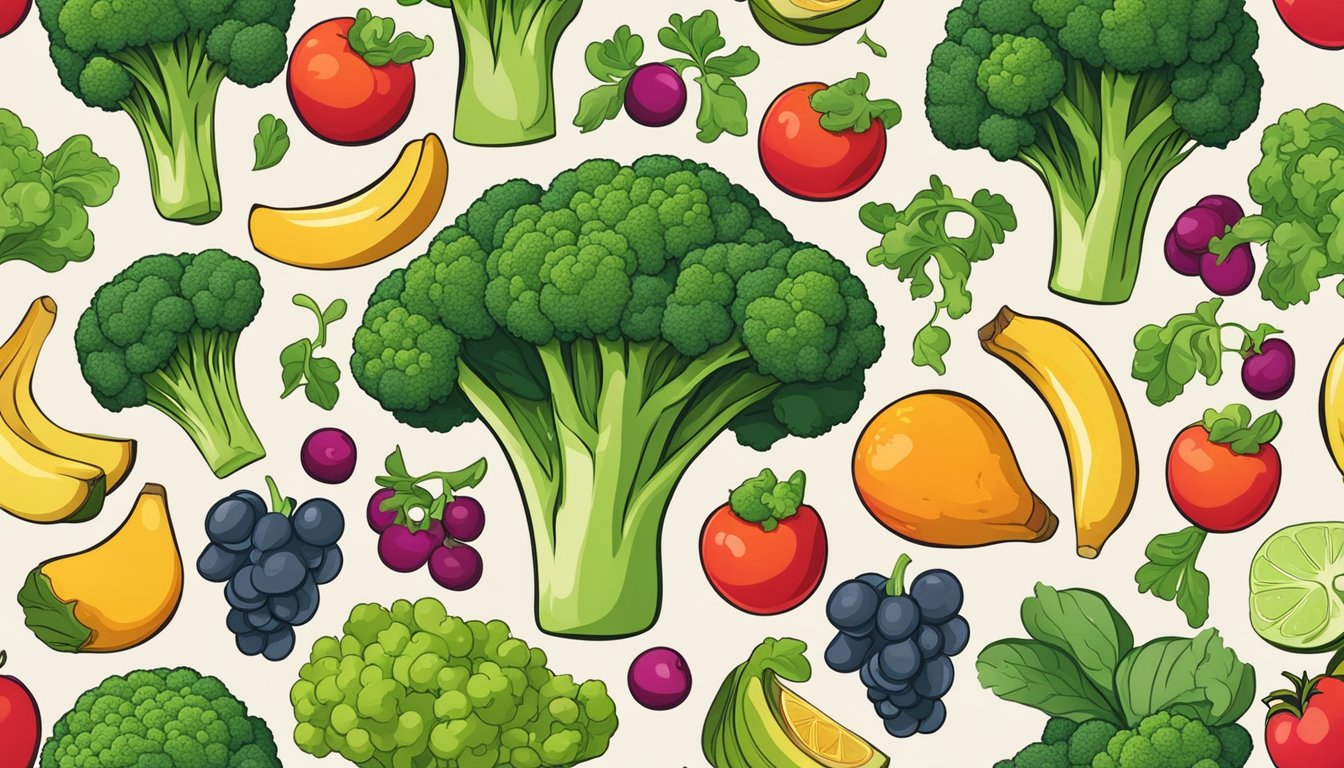 A vibrant bunch of broccoli surrounded by various fruits and vegetables, symbolizing the best foods for hormonal balance