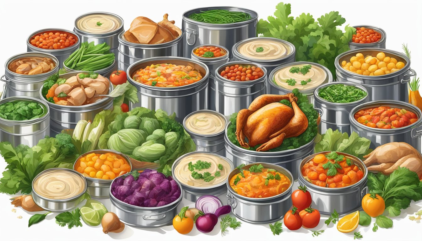 A colorful array of canned turkey dishes, surrounded by fresh vegetables and herbs, being transformed into creative leftover recycling recipes