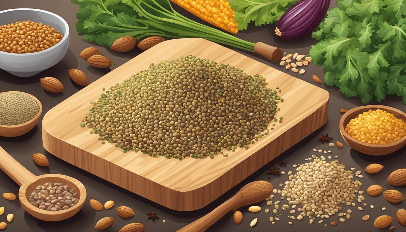 A colorful array of quinoa, nuts, seeds, and leafy greens arranged on a wooden cutting board, with a mortar and pestle nearby for grinding spices