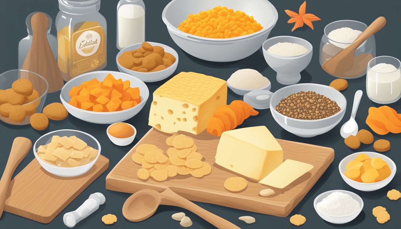 A kitchen counter with a variety of ingredients and utensils laid out, including cheese, flour, and a rolling pin. A bowl of goldfish crackers sits nearby